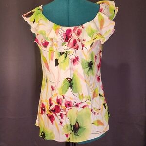 3/$20 Dressbarn Floral Ruffle Sleeve Blouse - Green and Pink